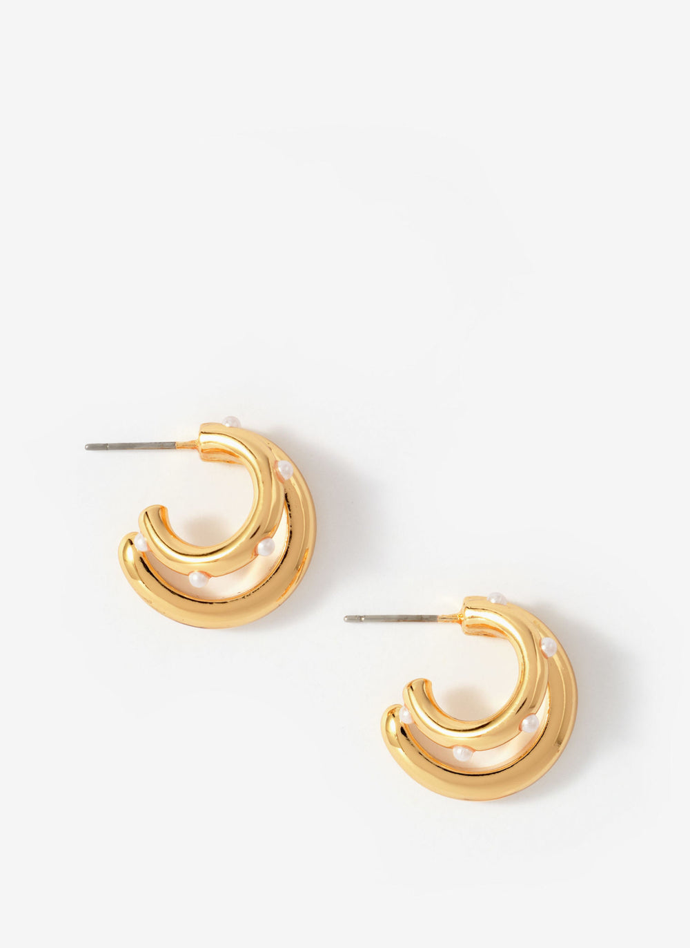 Gold Tone Mini Double Hoop Pearl Earrings
