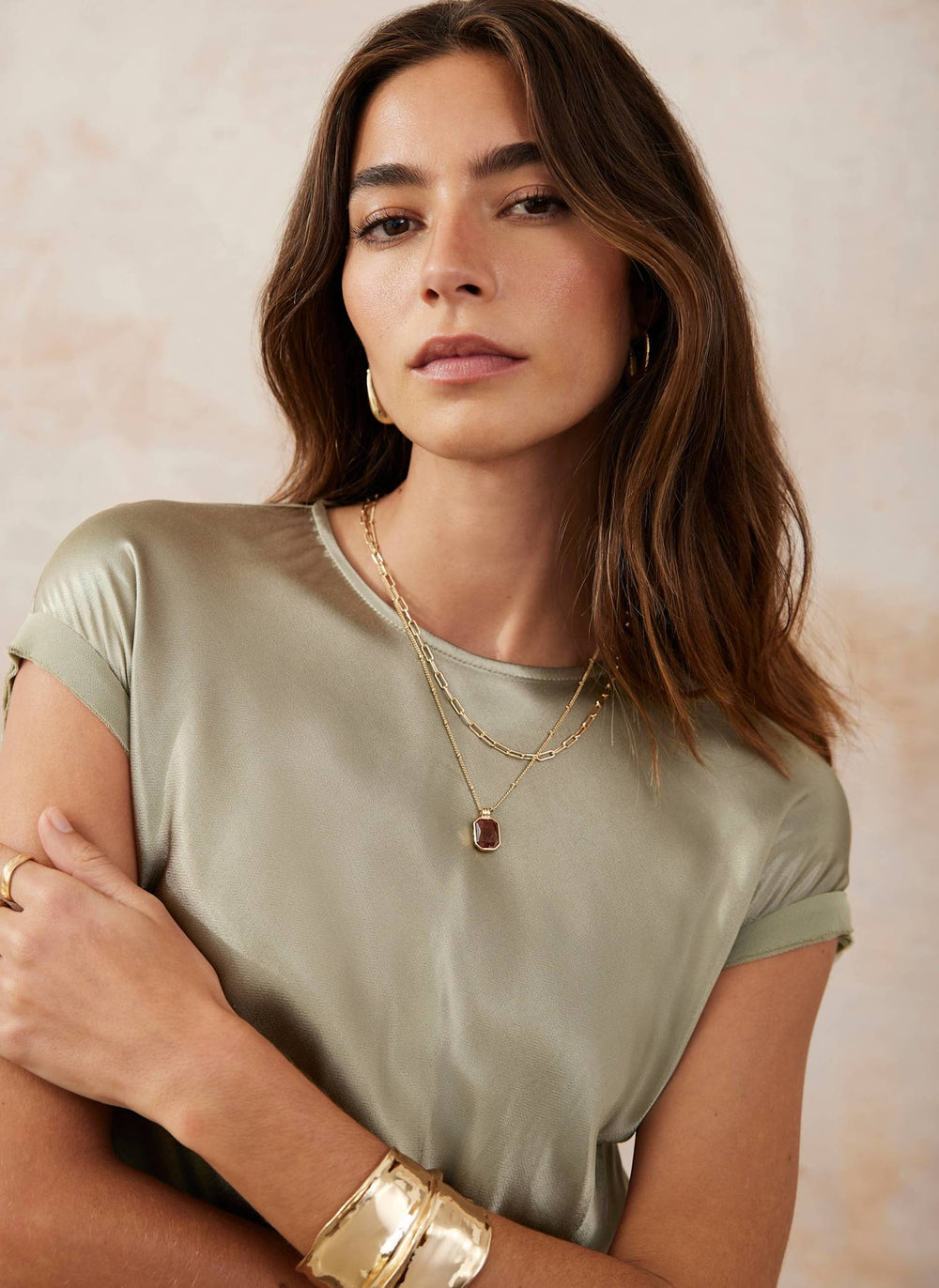 Gold Tone Layered Stone Necklace