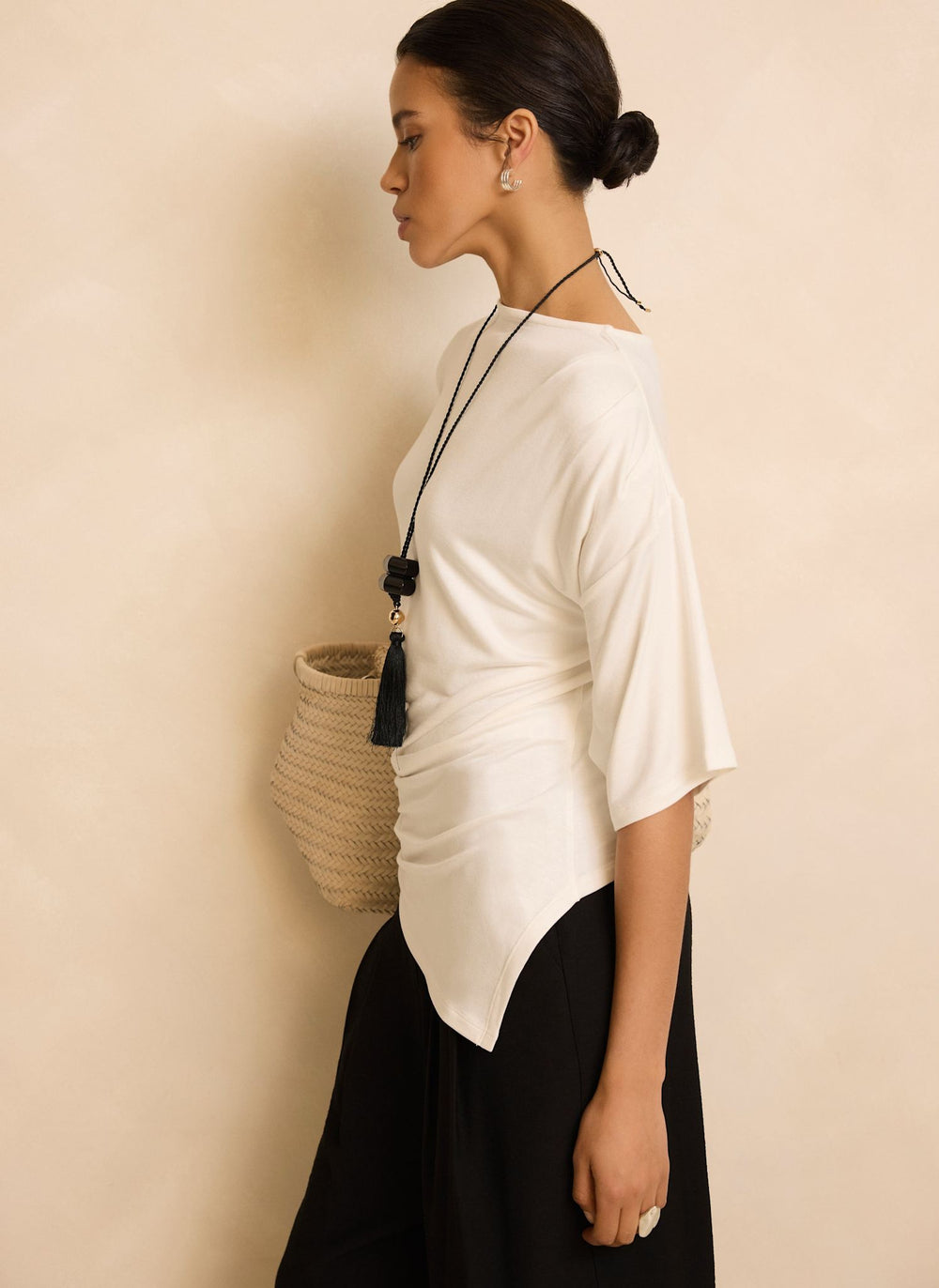 Cream Draped Asymmetric Top