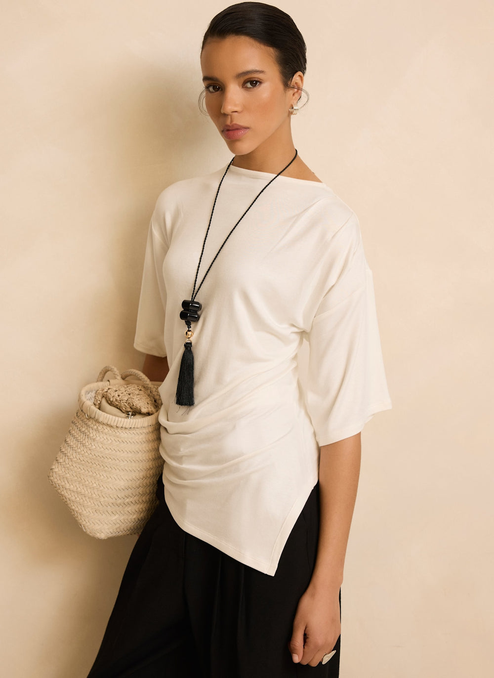 Cream Draped Asymmetric Top