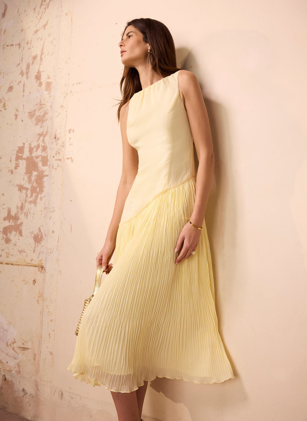 Yellow Crinkle Drop Waist Midi Dress