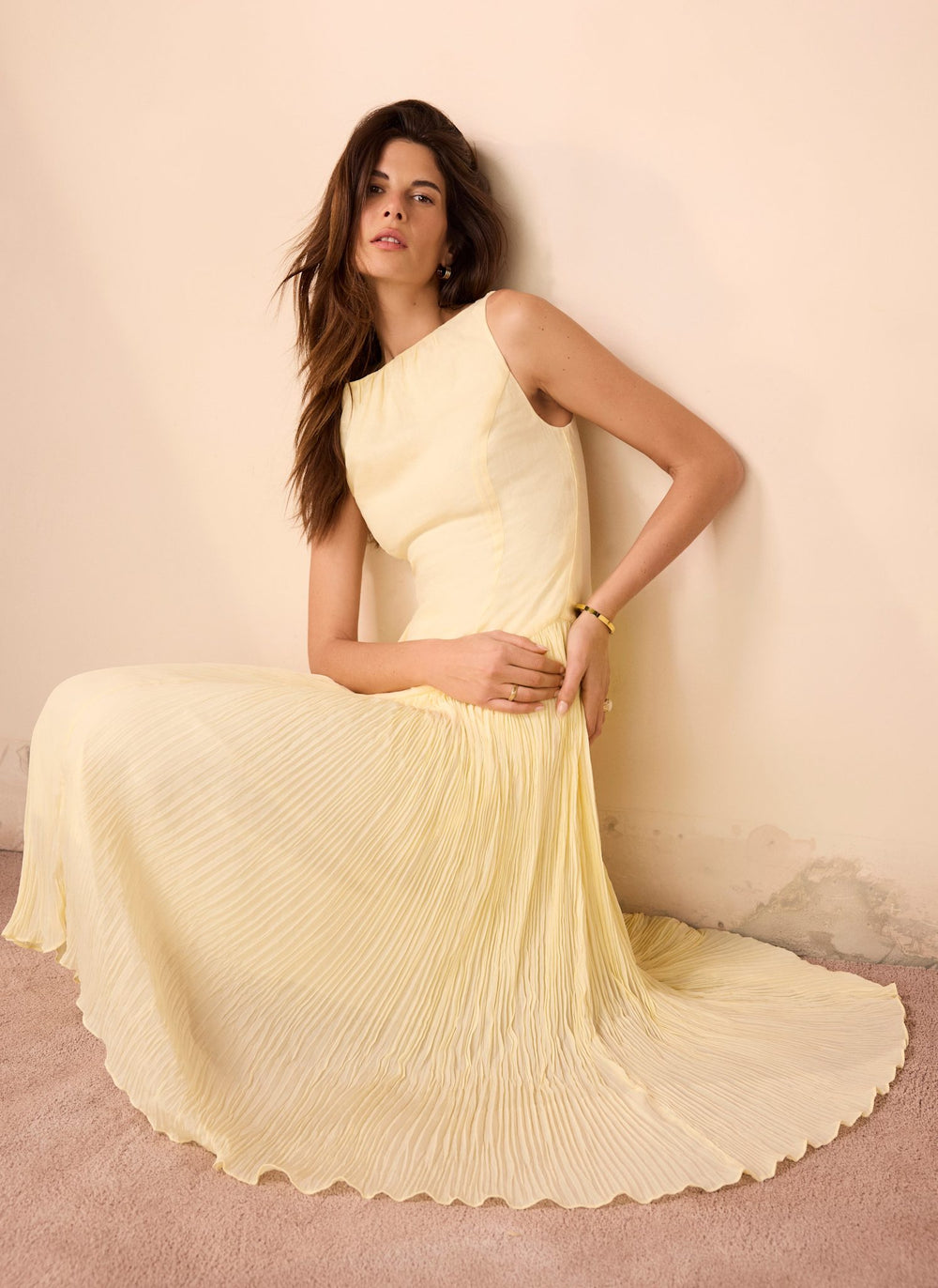 Yellow Crinkle Drop Waist Midi Dress