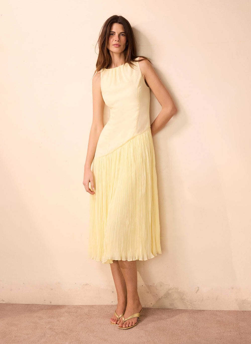 Yellow Crinkle Drop Waist Midi Dress
