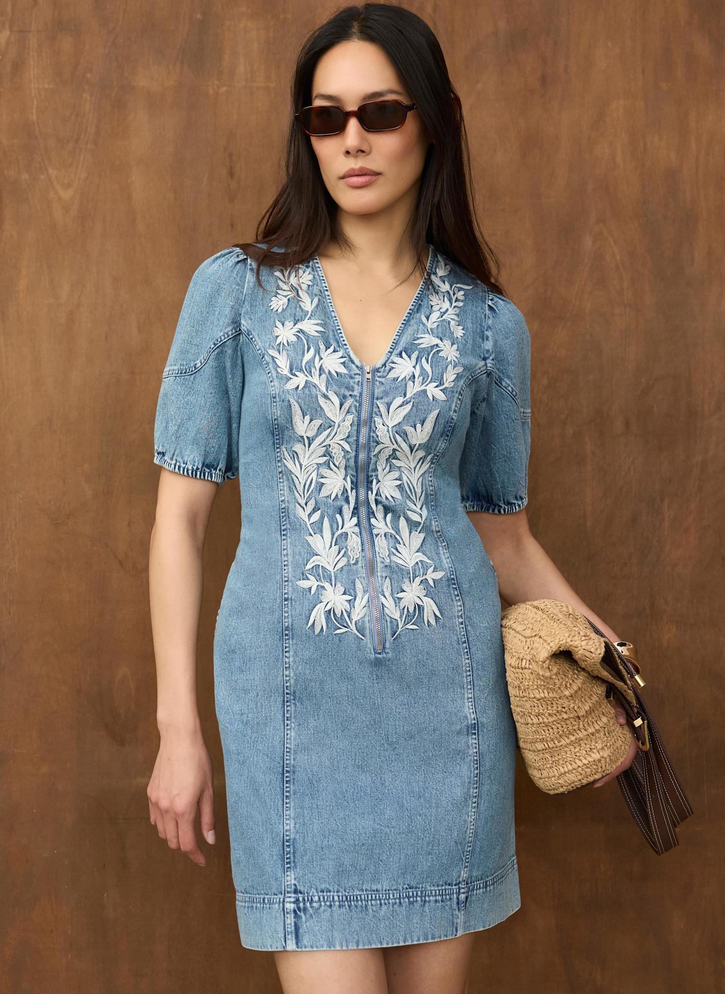 Mid Indigo Embroidered Denim Mini Dress – Mint Velvet
