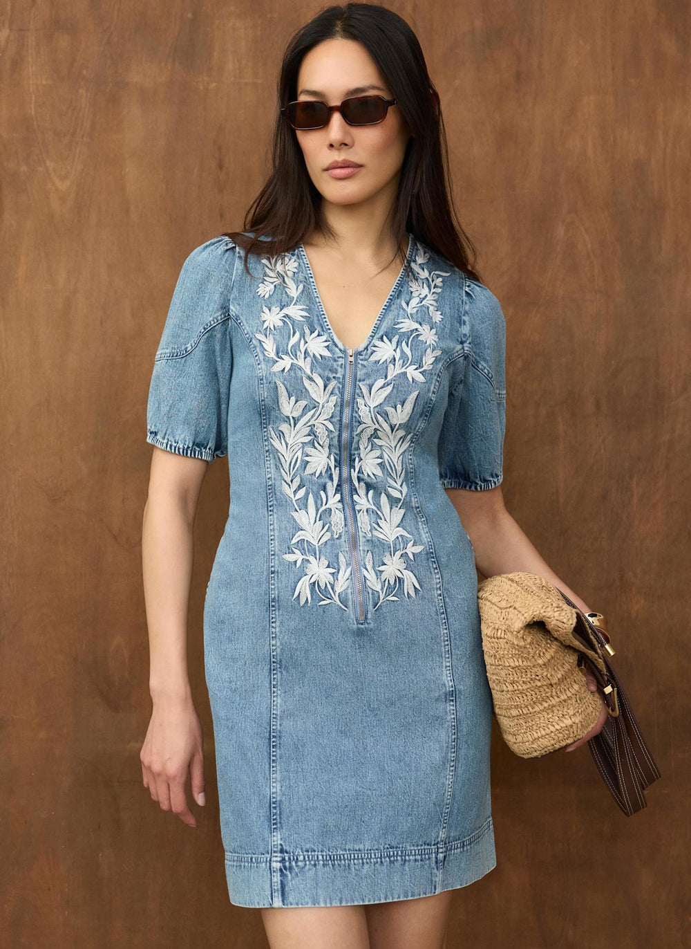 Mid Indigo Embroidered Denim Mini Dress