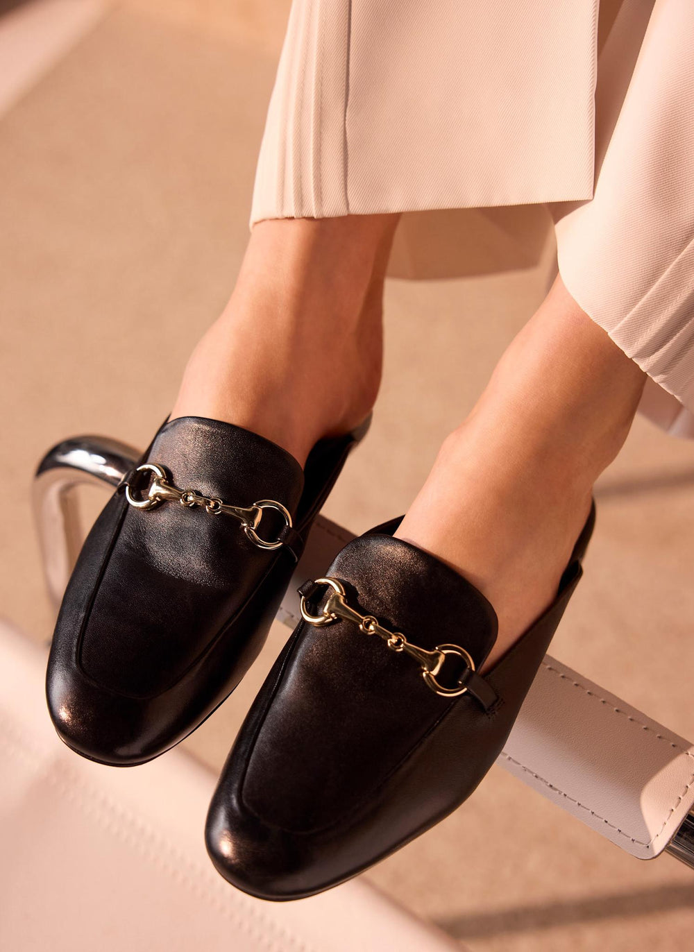 Faye Black Leather Backless Loafers