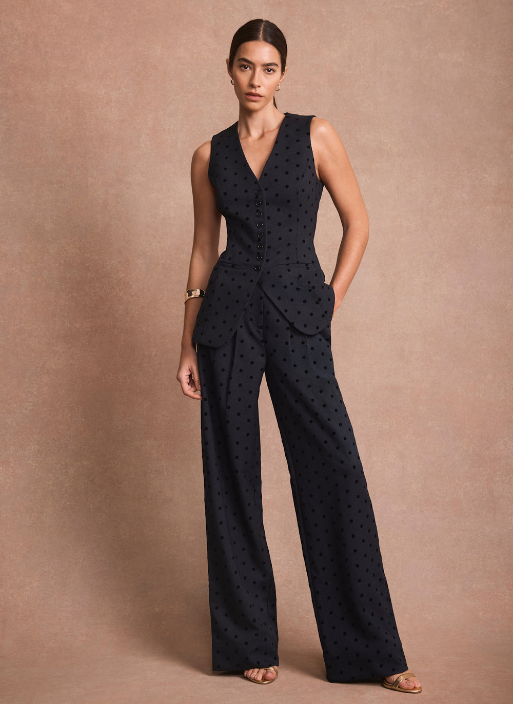 Navy Polka Dot Wide Leg Trousers