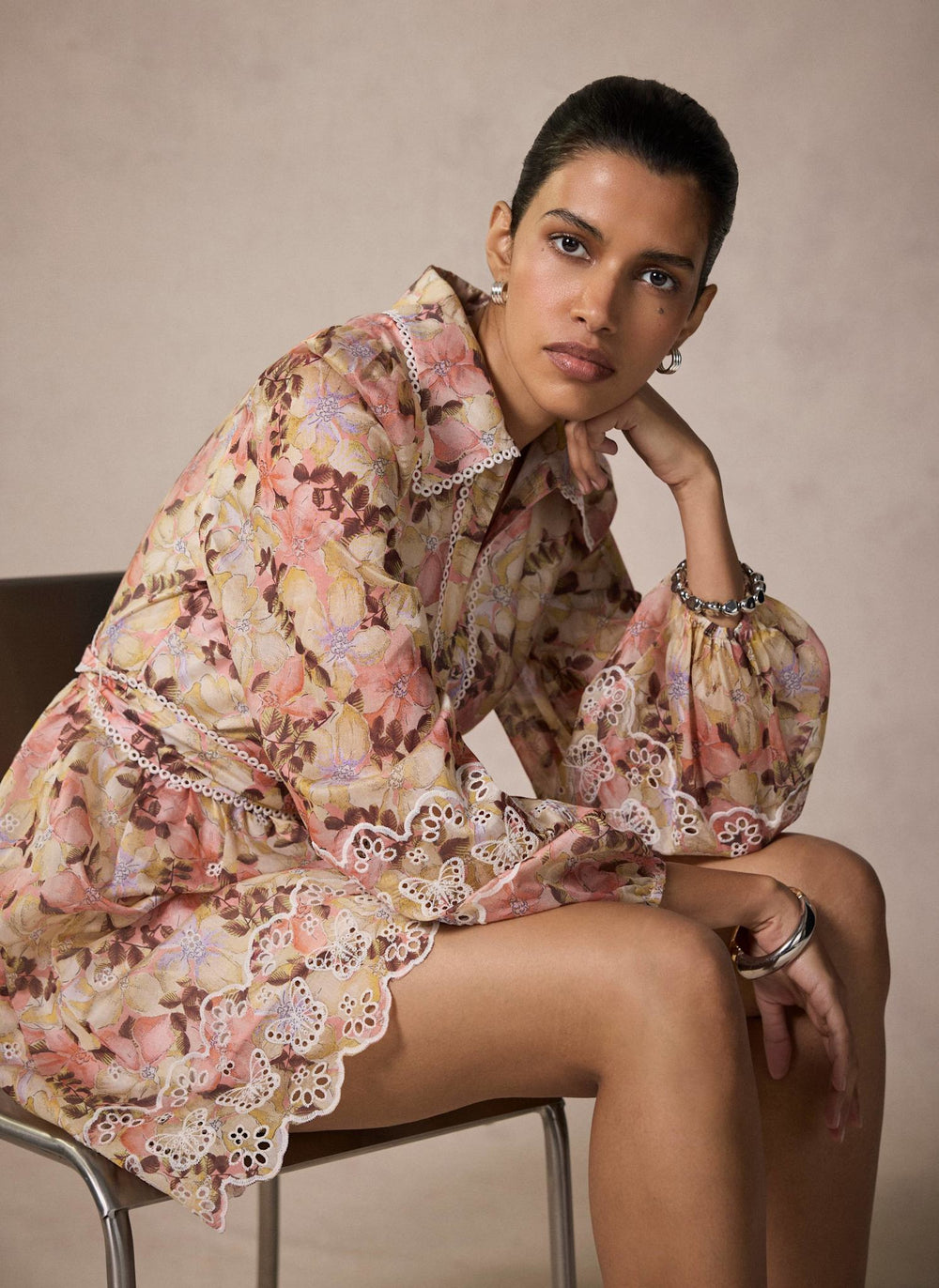 Neutral Floral Print Mini Dress