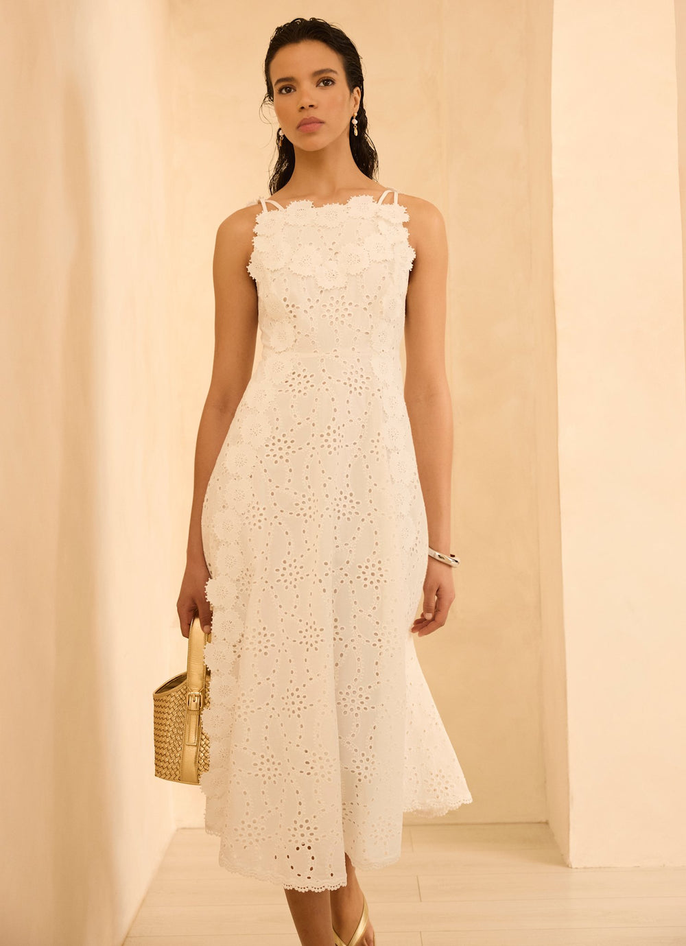 Mint Velvet White Cotton Floral Lace Midi Dress | Size 14 | White | Sleeveless