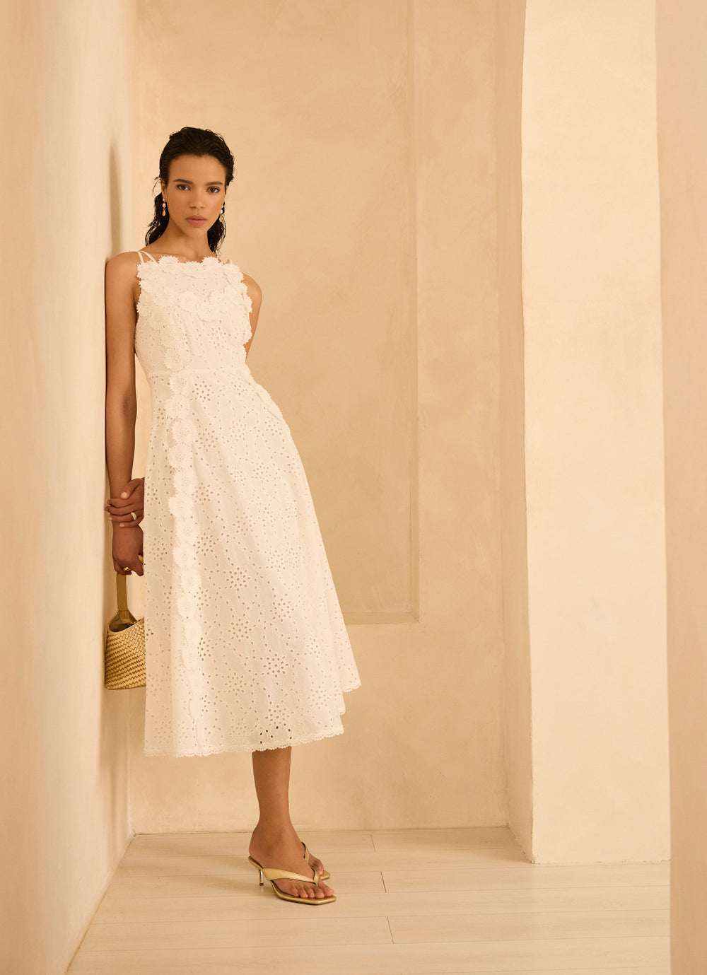 Mint Velvet White Cotton Floral Lace Midi Dress | Size 14 | White | Sleeveless | Halter Neck