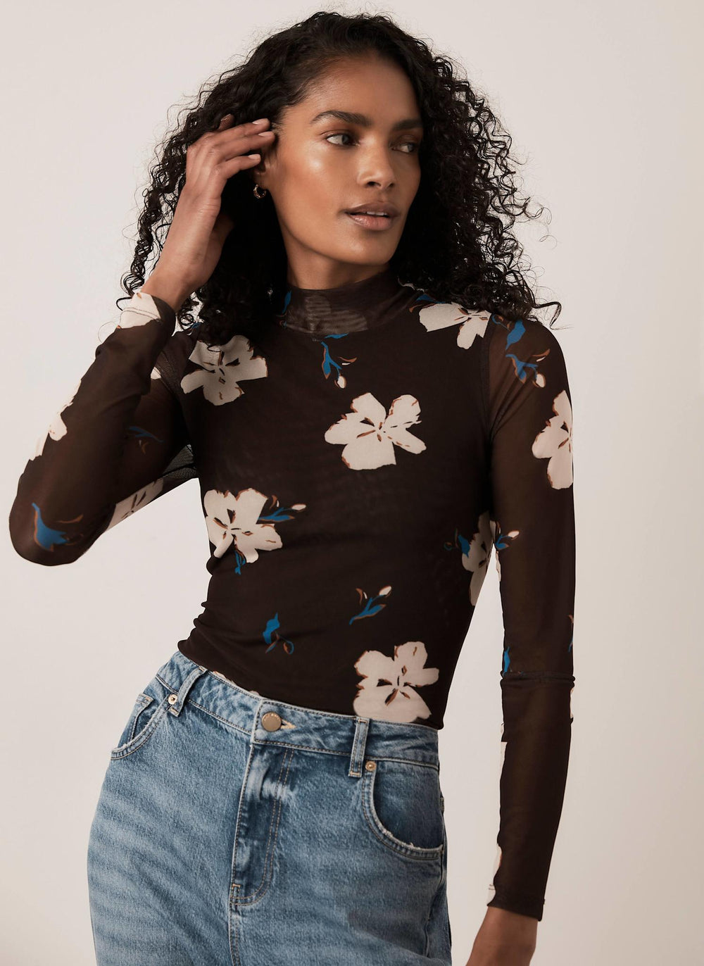 Brown Floral Mesh High Neck Top