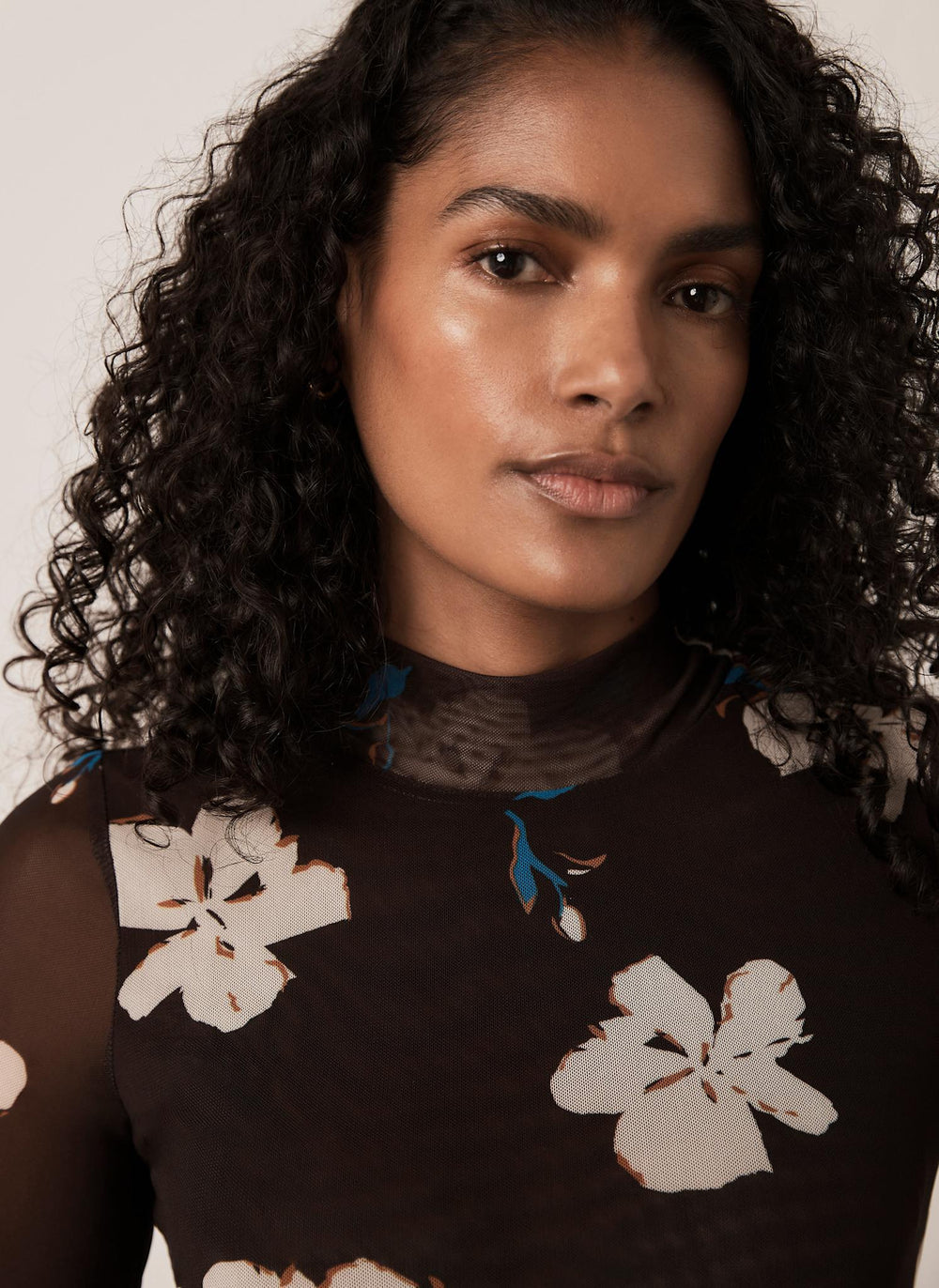 Brown Floral Mesh High Neck Top
