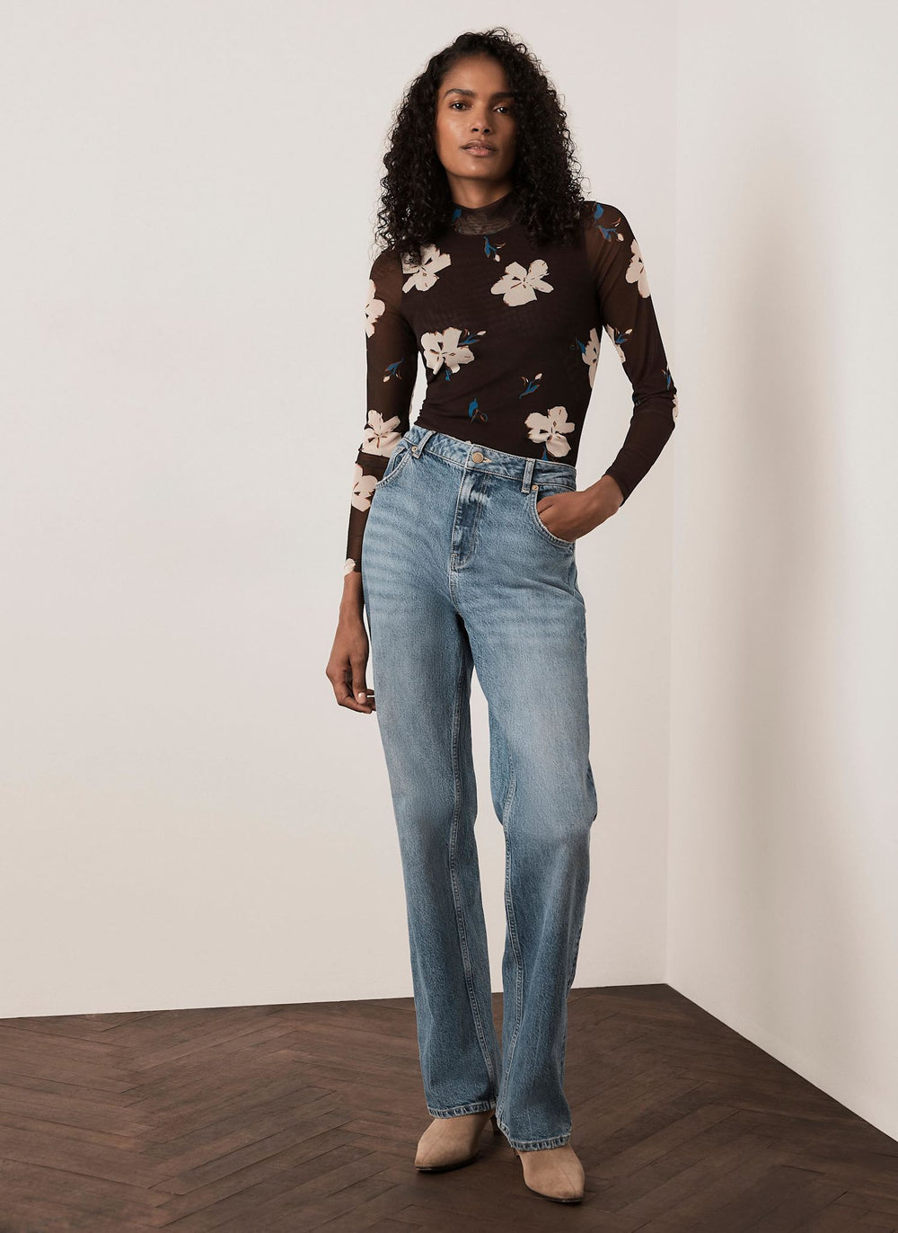 Brown Floral Mesh High Neck Top