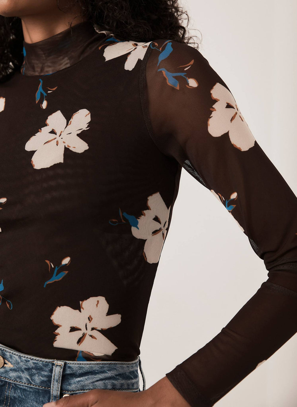 Brown Floral Mesh High Neck Top