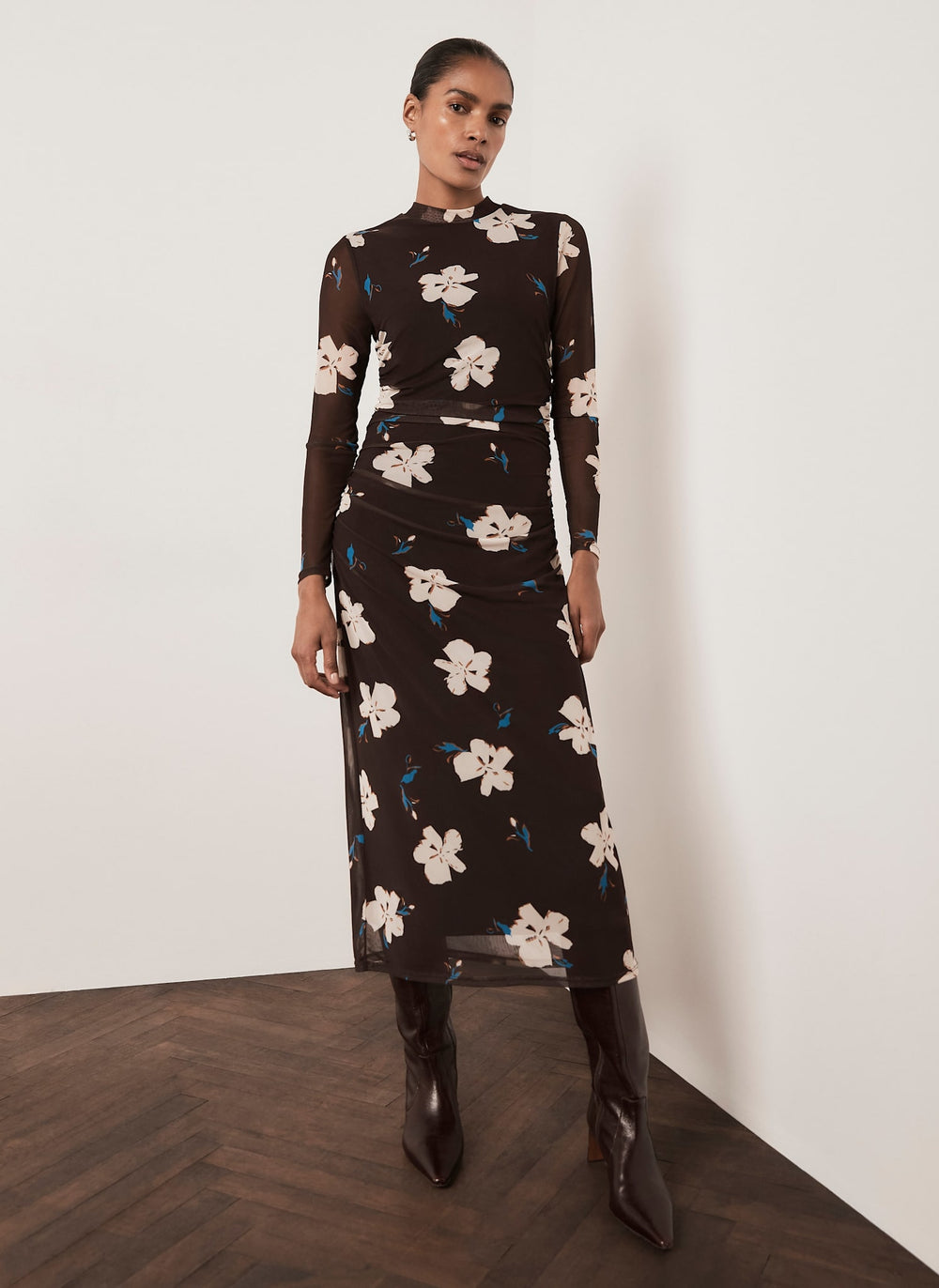 Brown Floral Mesh Midi Dress