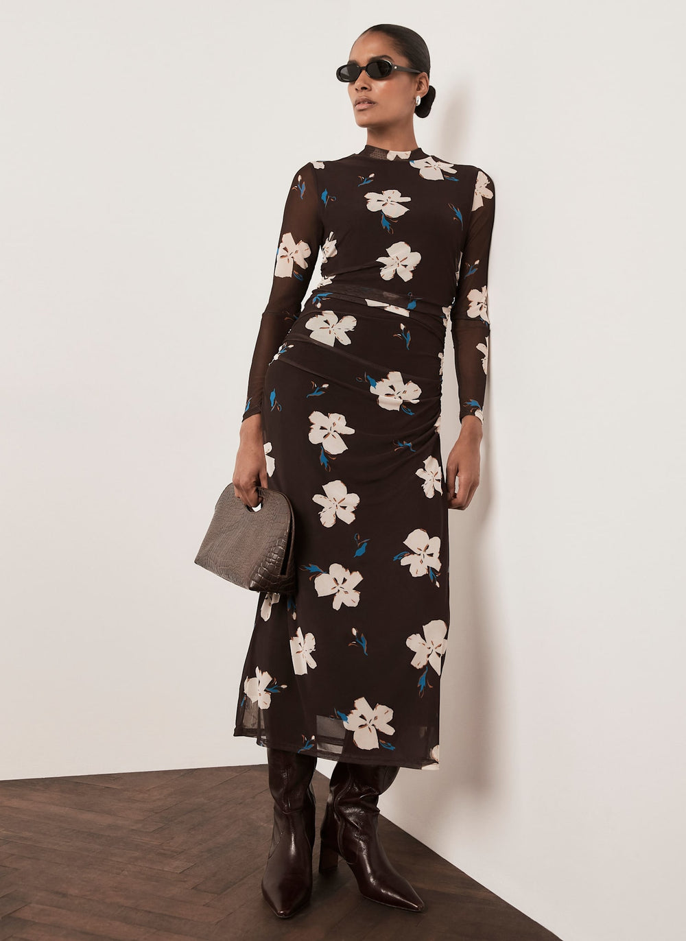 Brown Floral Mesh Midi Dress