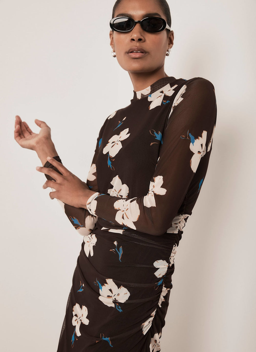 Brown Floral Mesh Midi Dress