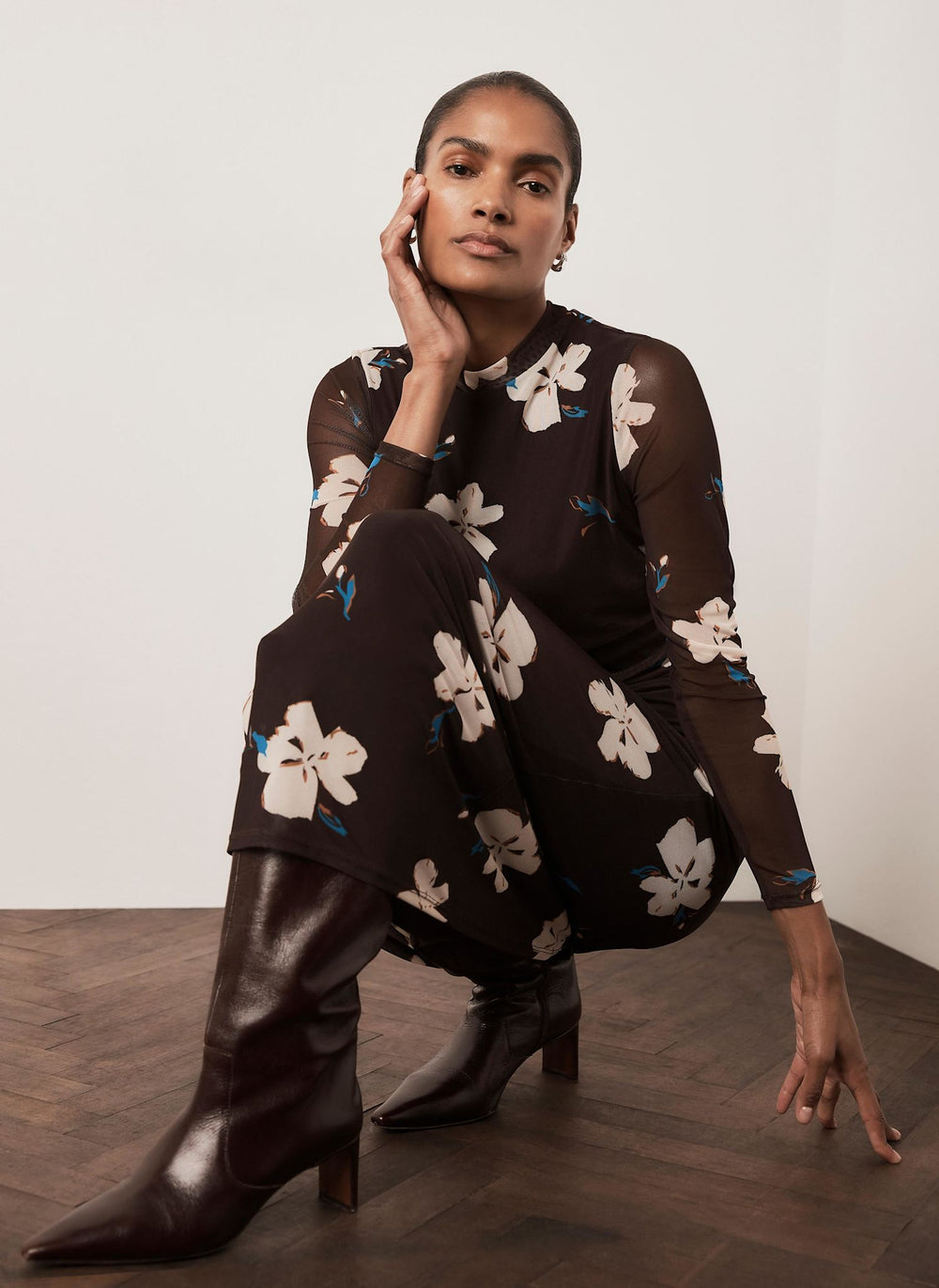 Brown Floral Mesh Midi Dress