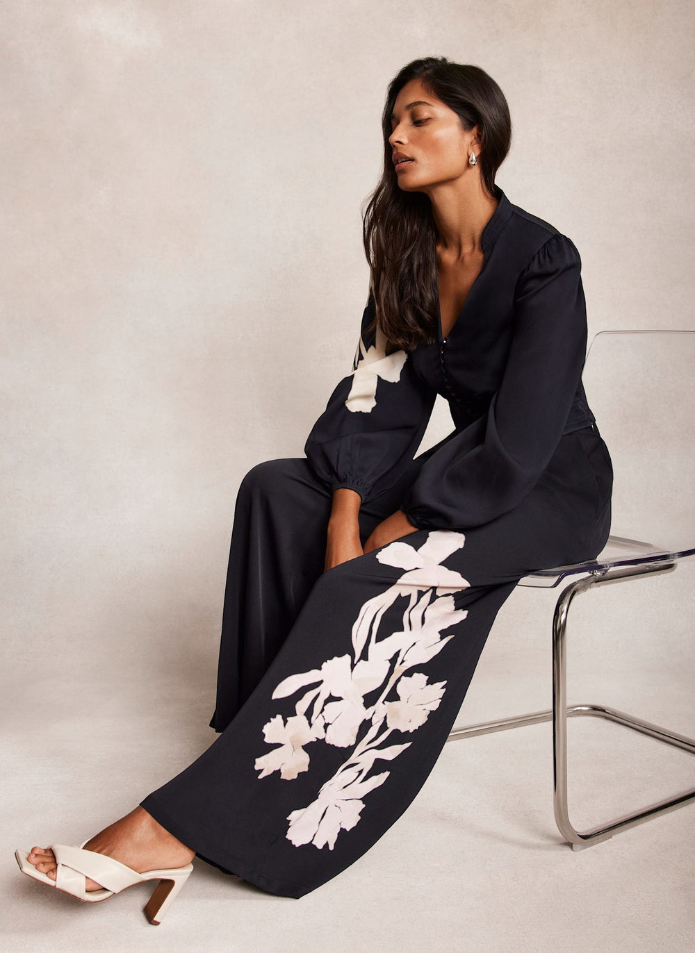 Navy Floral Print Wide Trousers