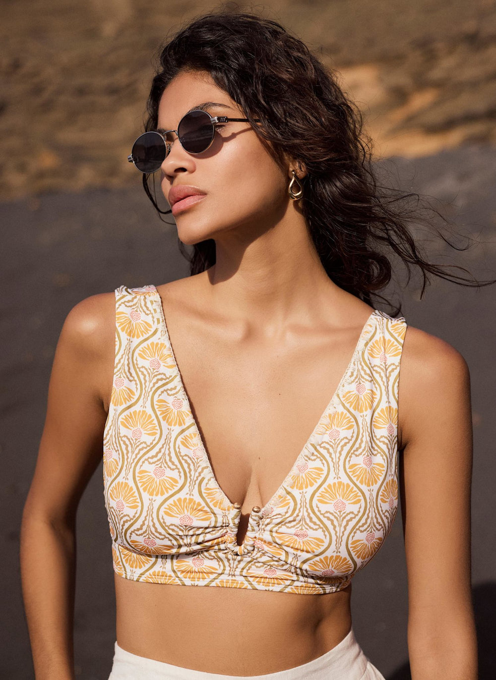 Yellow Floral Print Bikini Top