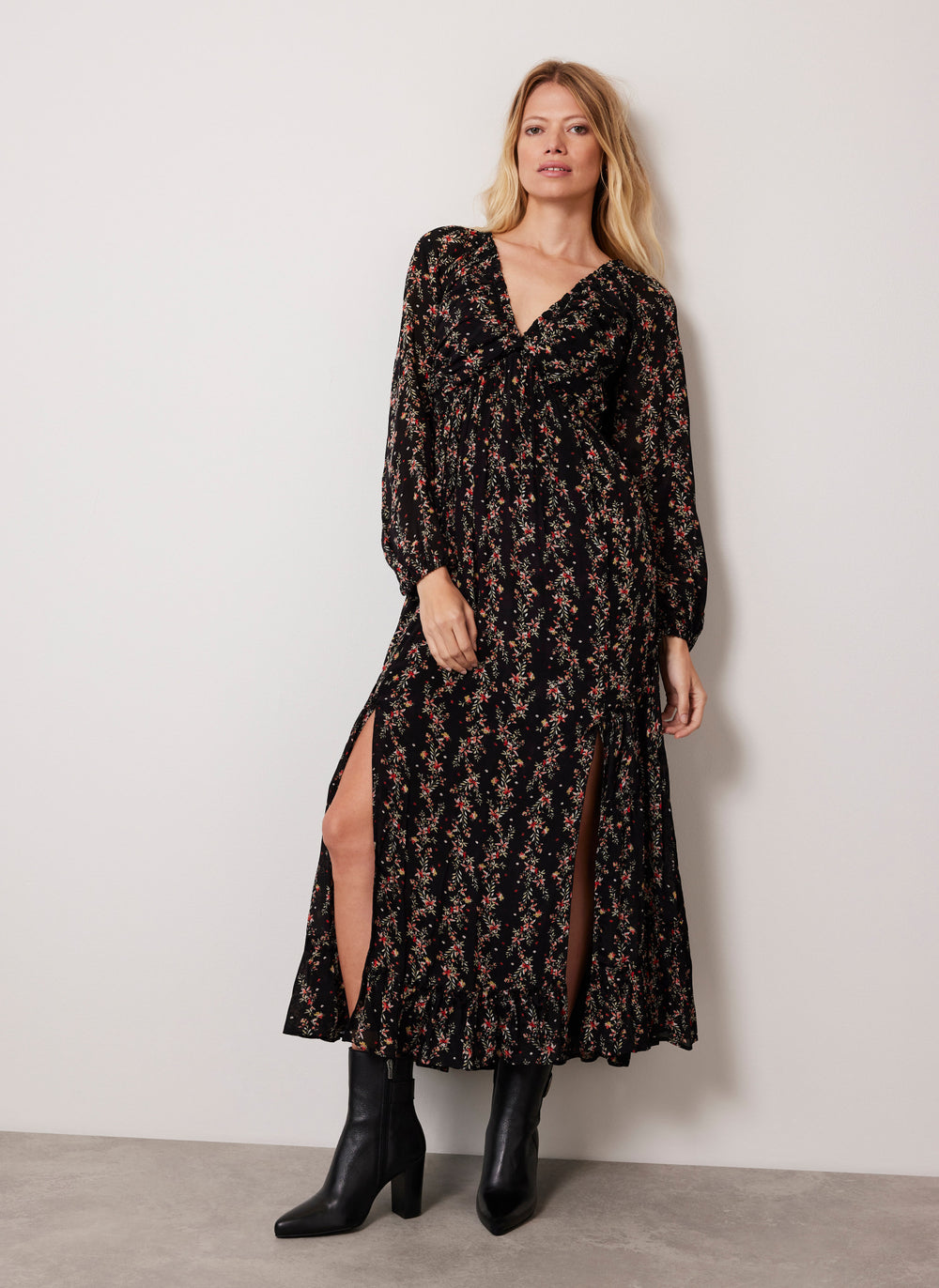 Black Floral Print Shirred Maxi Dress