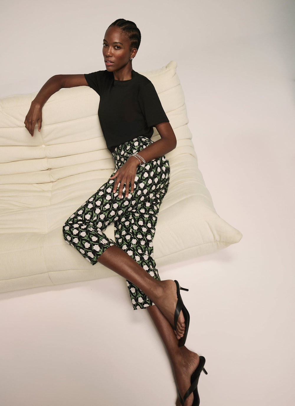 Black Floral Print Capri Trousers