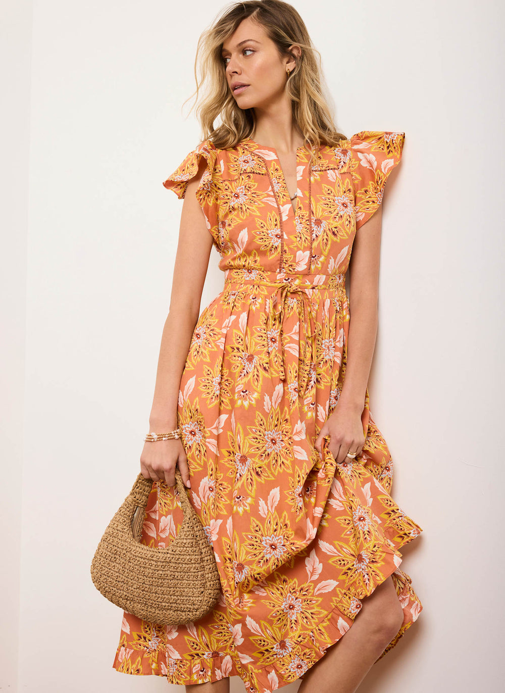 Orange Floral Print Cotton Midi Dress