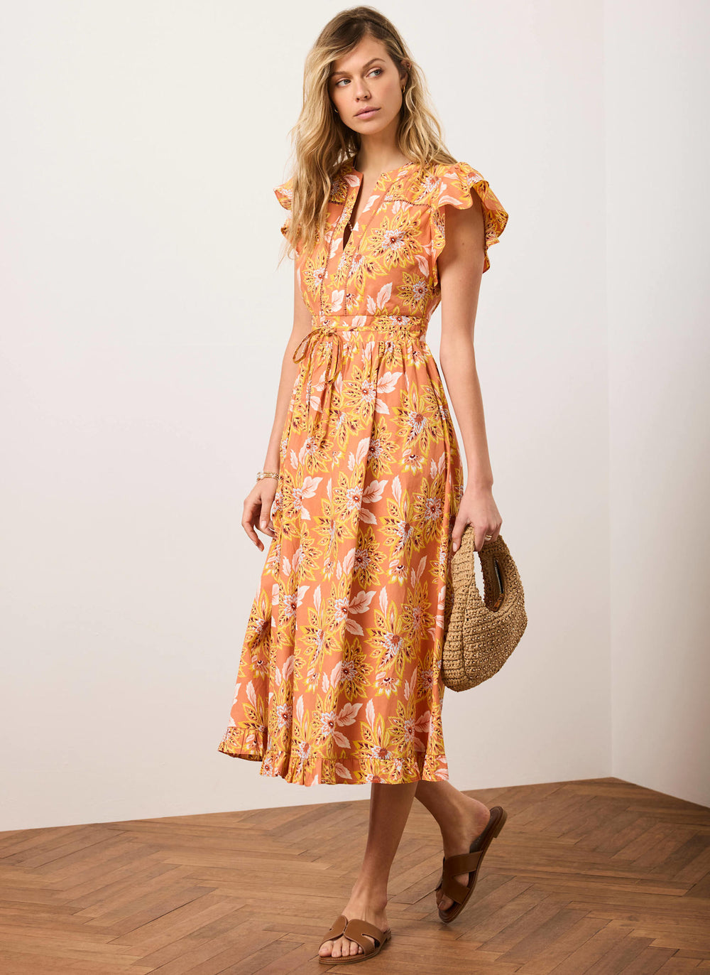 Orange Floral Print Cotton Midi Dress