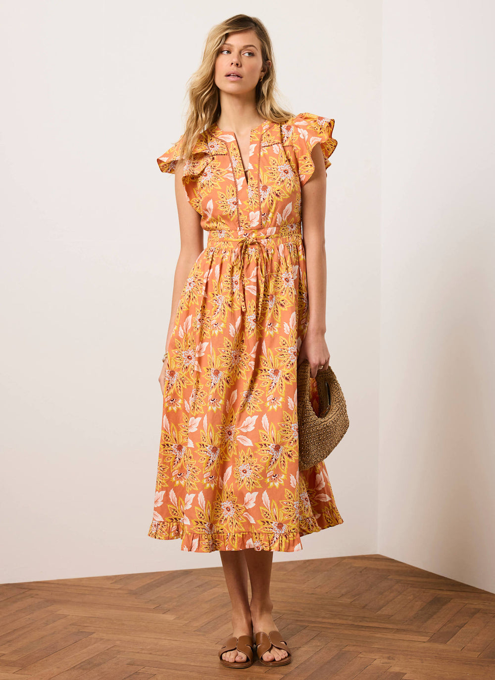 Orange Floral Print Cotton Midi Dress