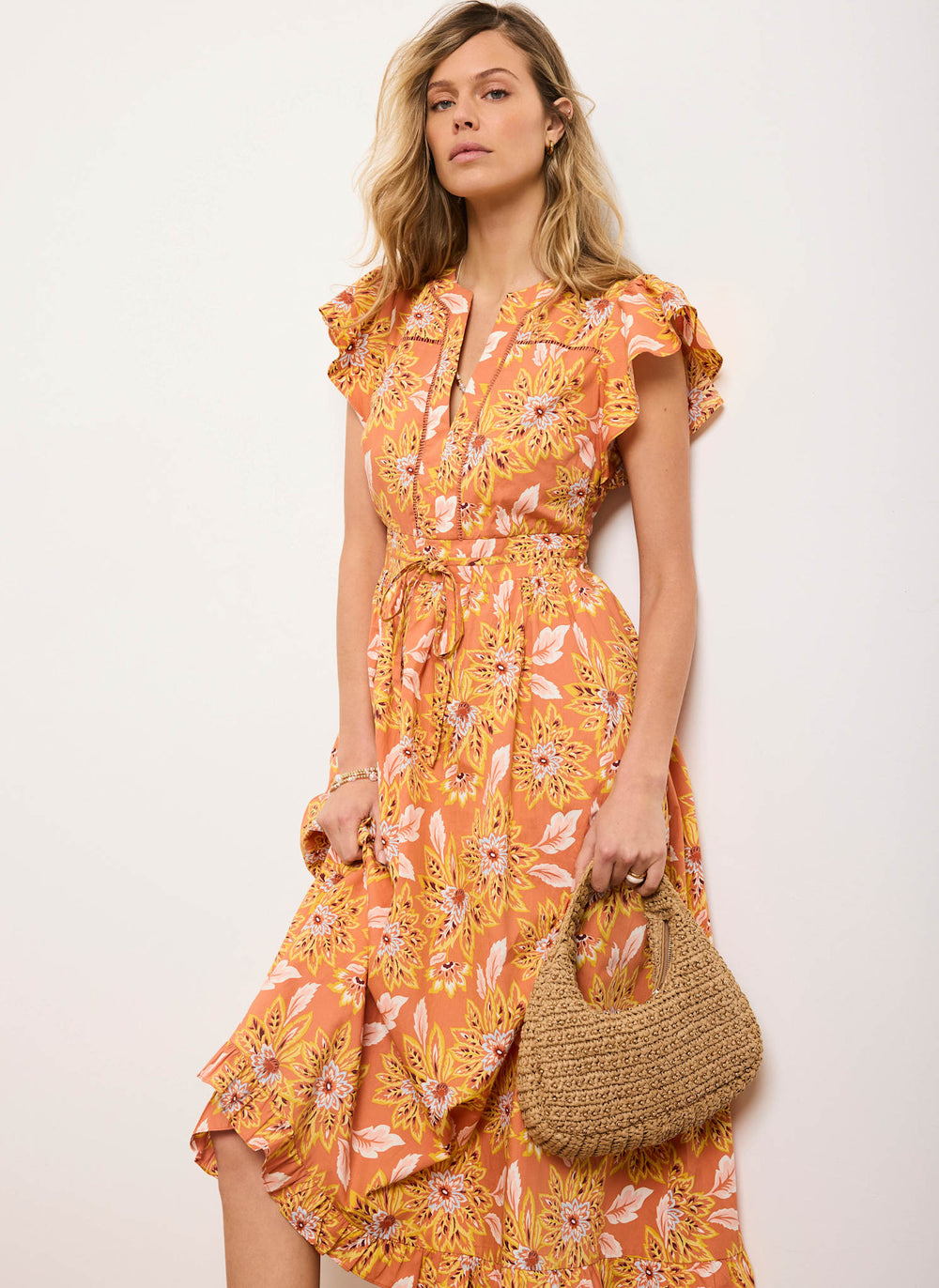 Orange Floral Print Cotton Midi Dress – Mint Velvet