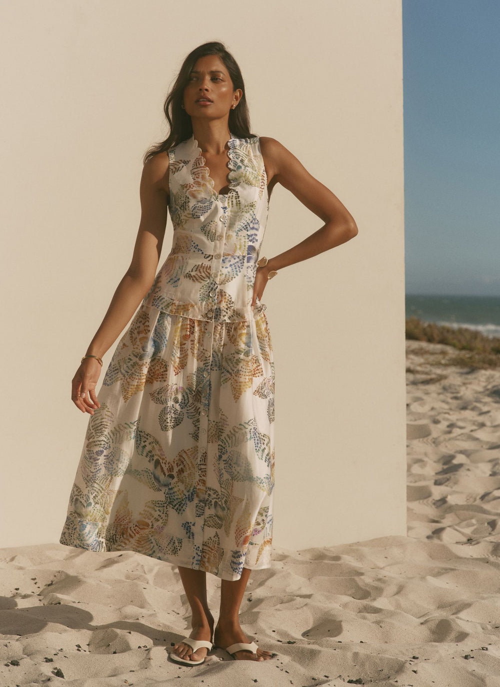 Mint Velvet Cream Floral Print Drop Waist Midi Dress | Size 14 | White | Sleeveless