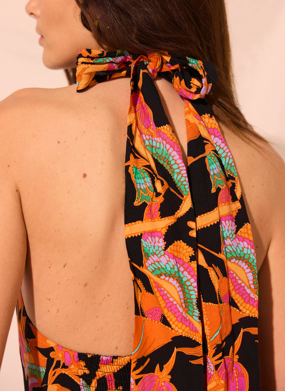 Orange Floral Print Halter Midi Dress