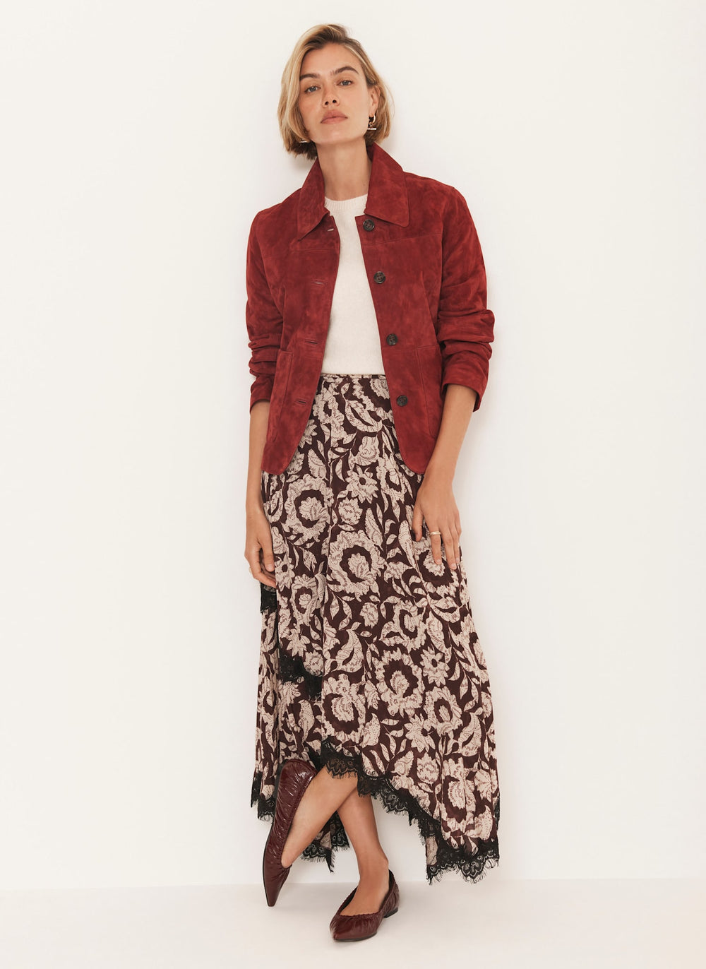 Burgundy Floral Print Lace Trim Skirt