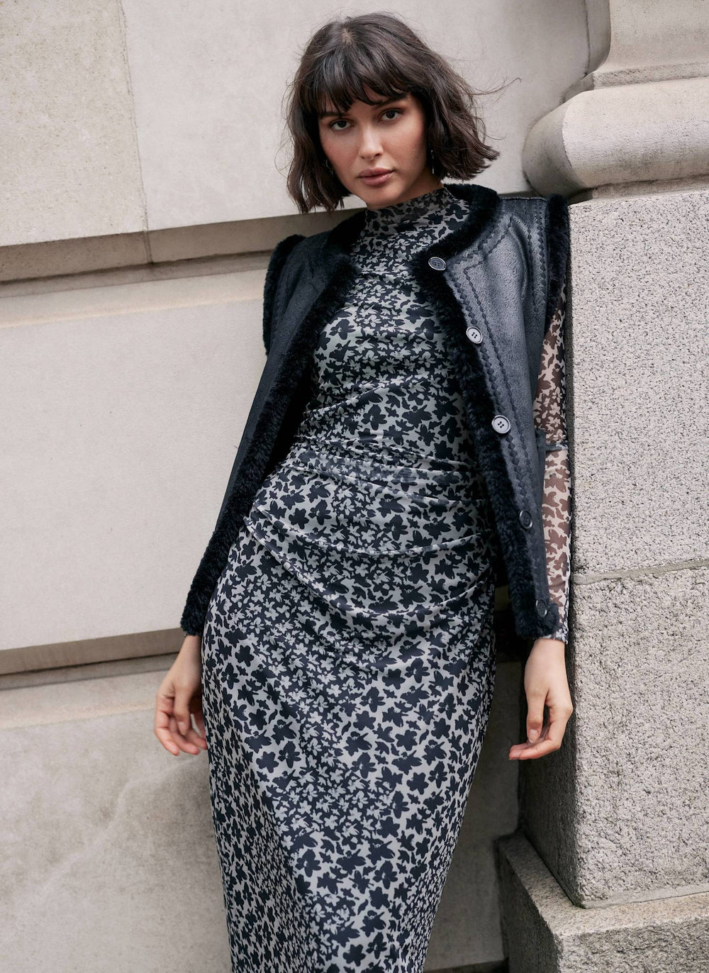 Black Floral Print Mesh Ruched Asymmetric Midi Dress