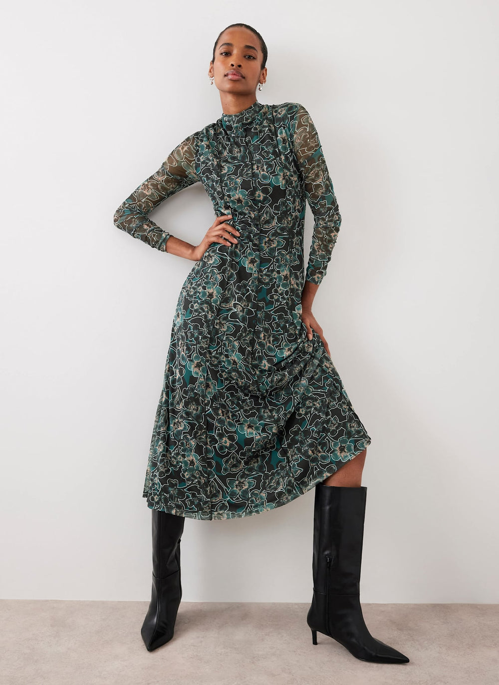 Green Floral Print Mesh Midi Dress