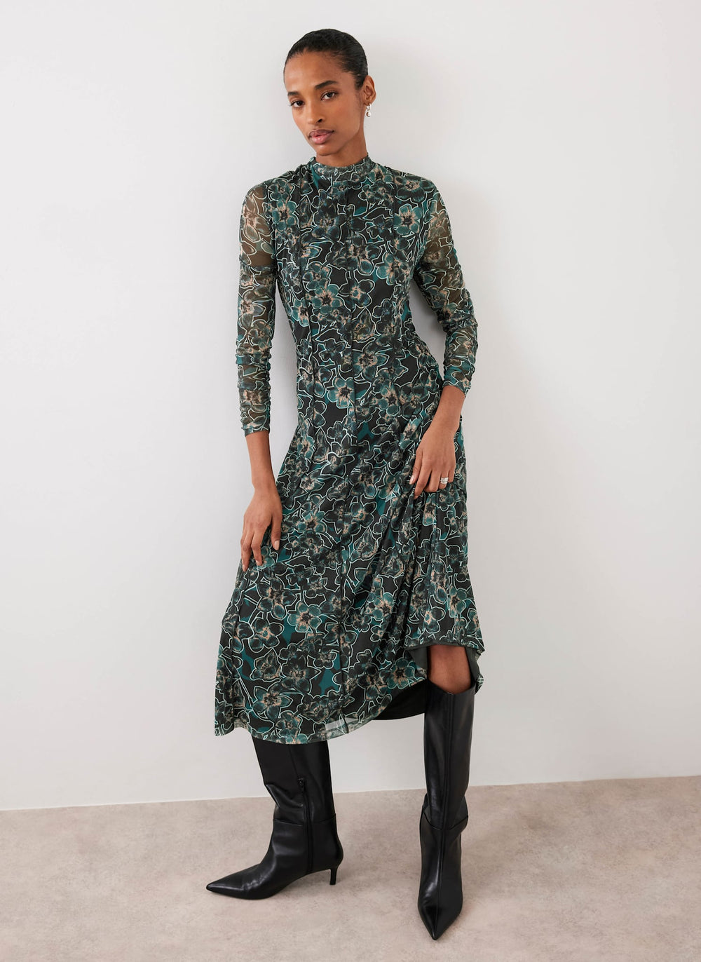 Green Floral Print Mesh Midi Dress