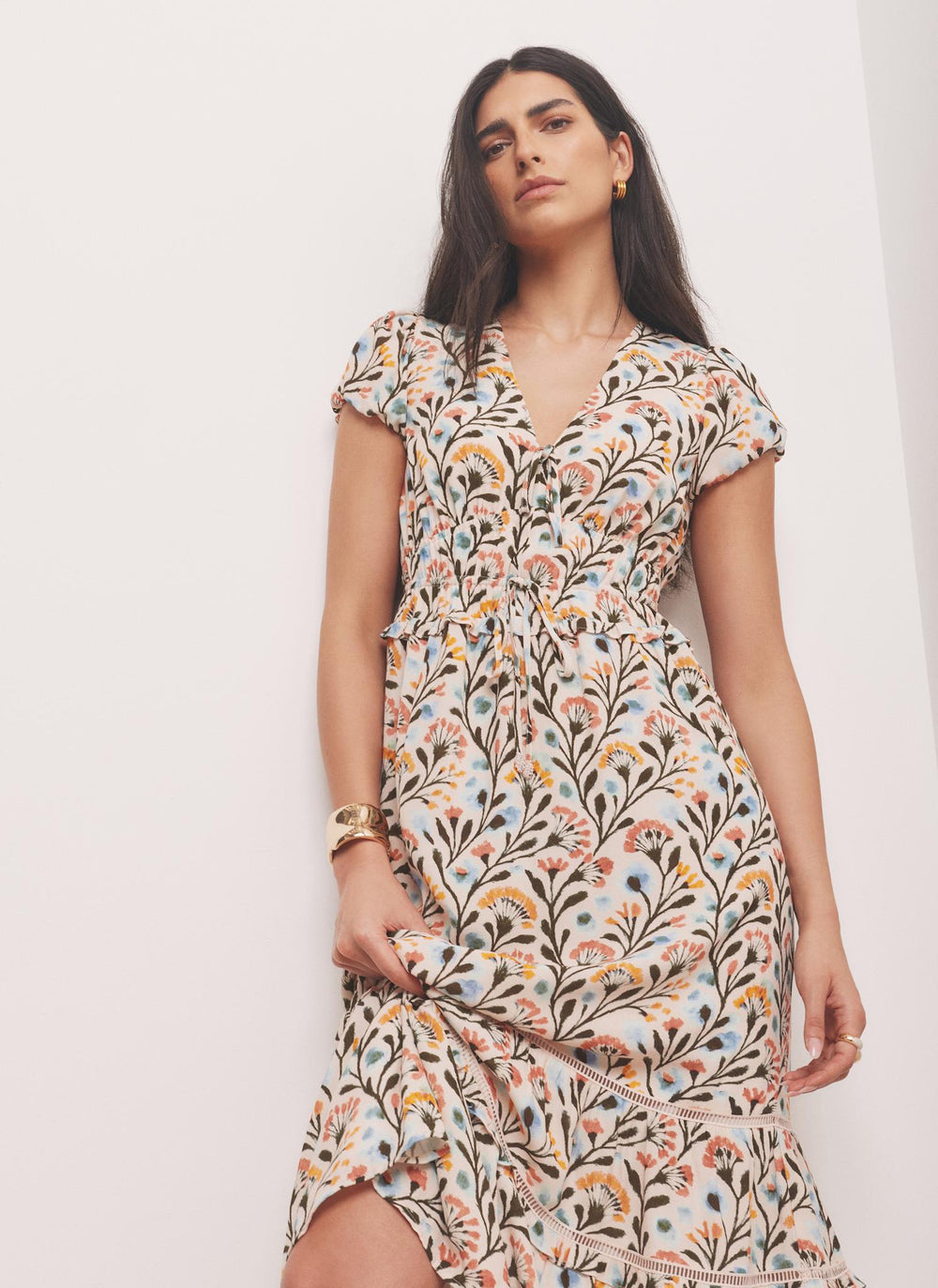 Orange Floral Print Midi Dress
