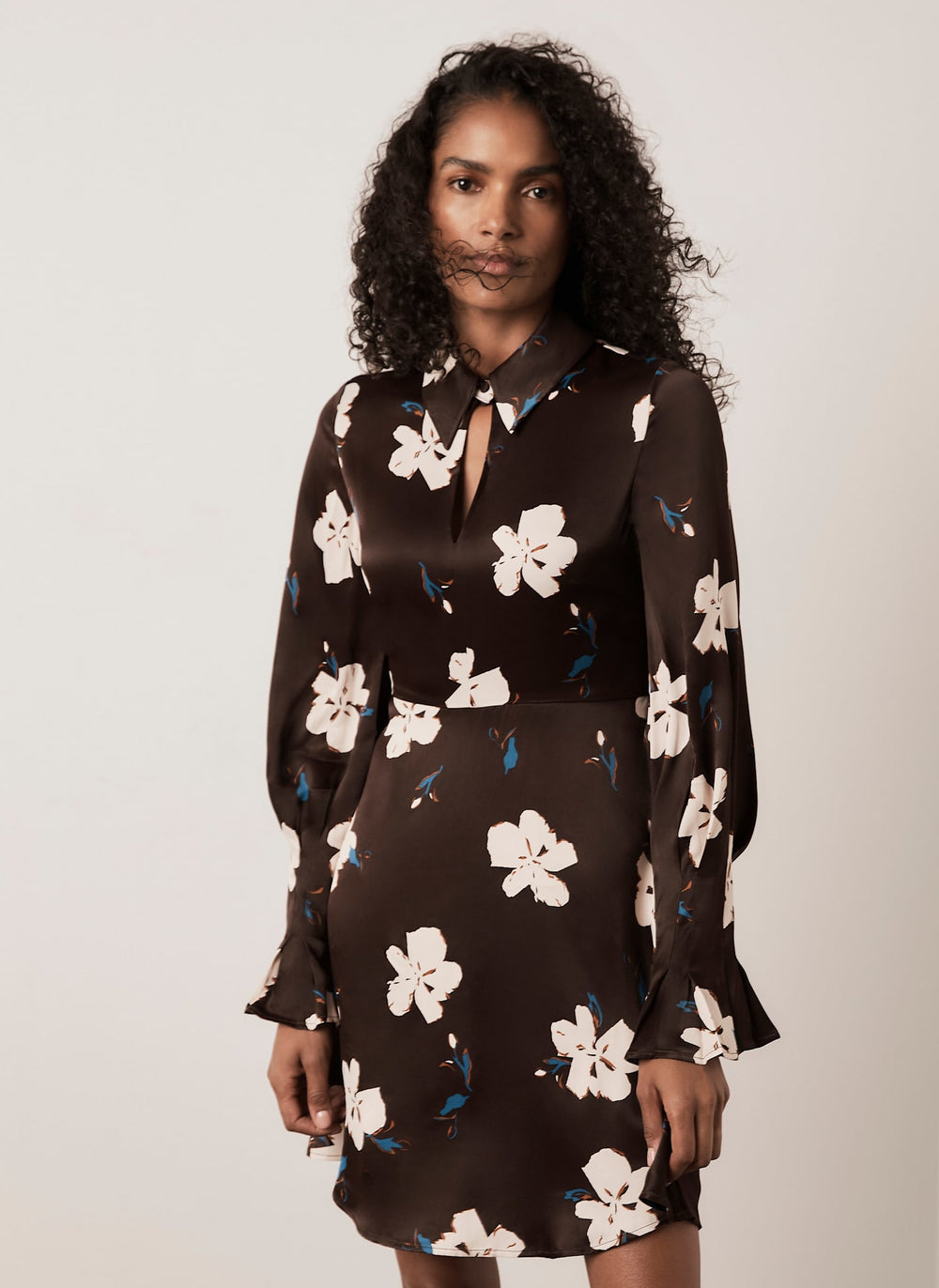 Brown Floral Print Satin Mini Dress
