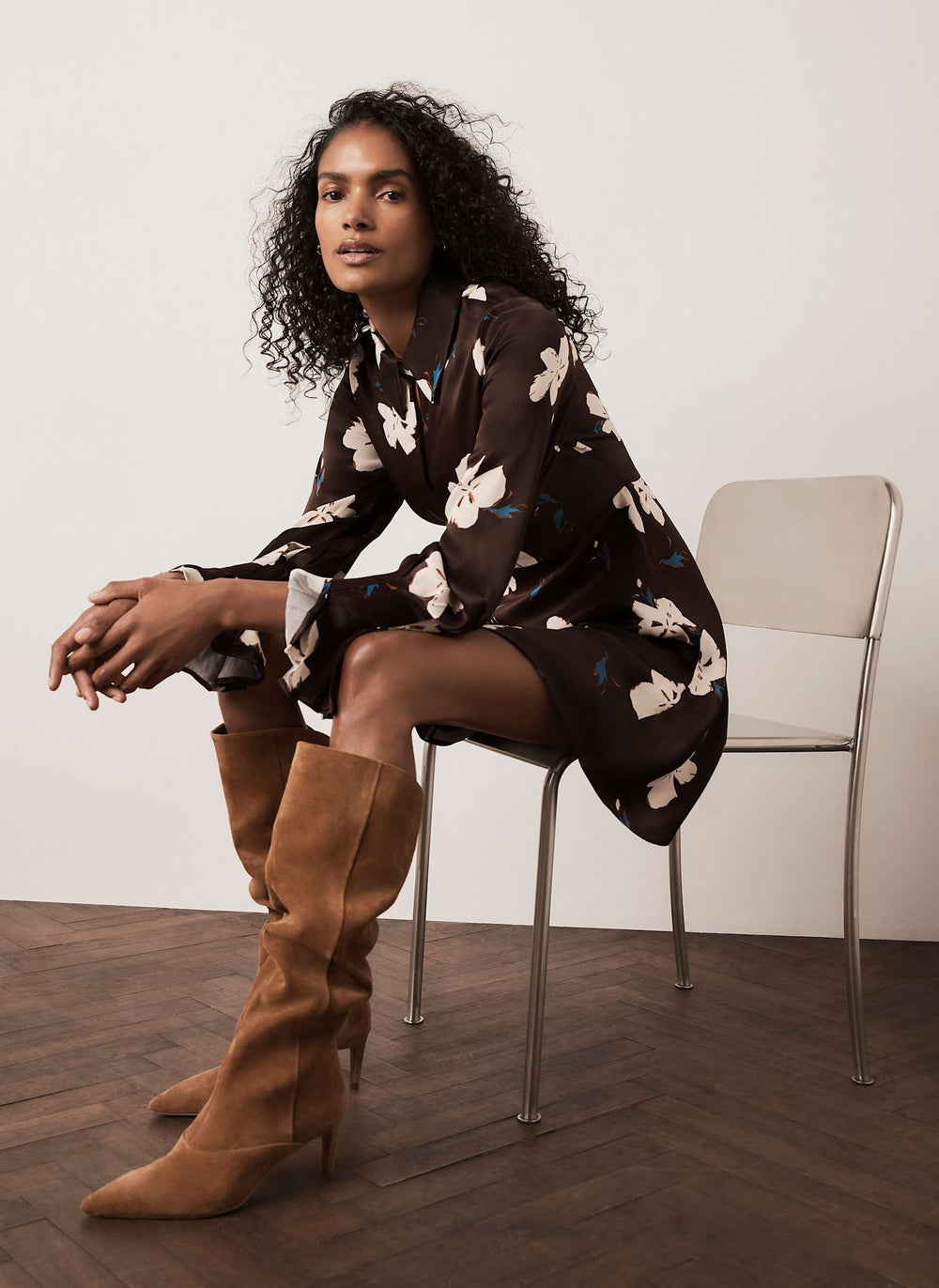 Brown Floral Print Satin Mini Dress