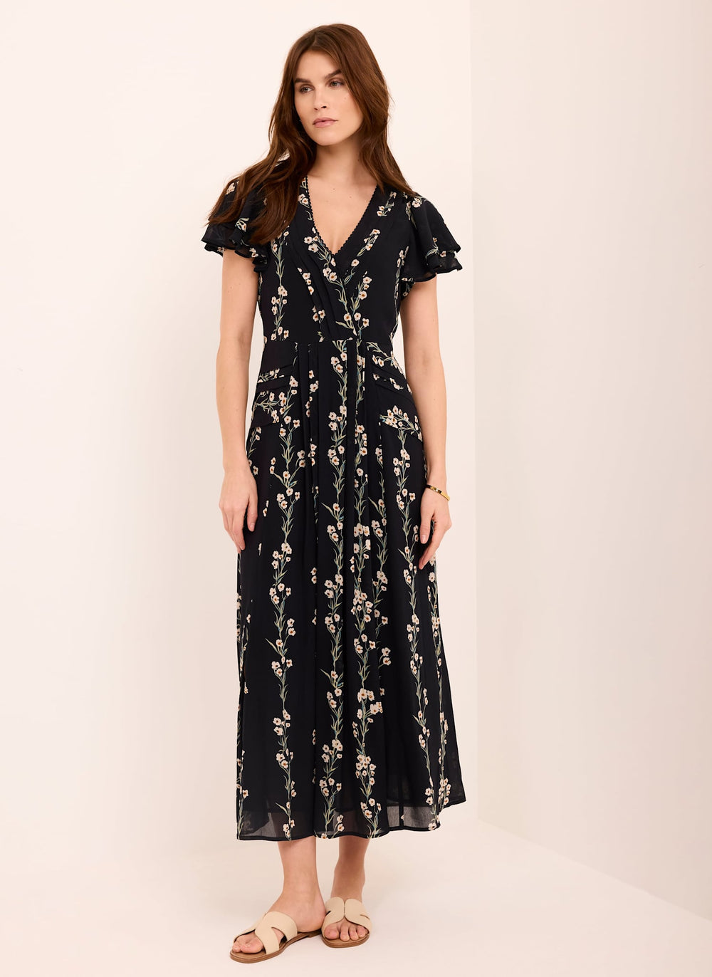 Navy Floral Print Midi Dress