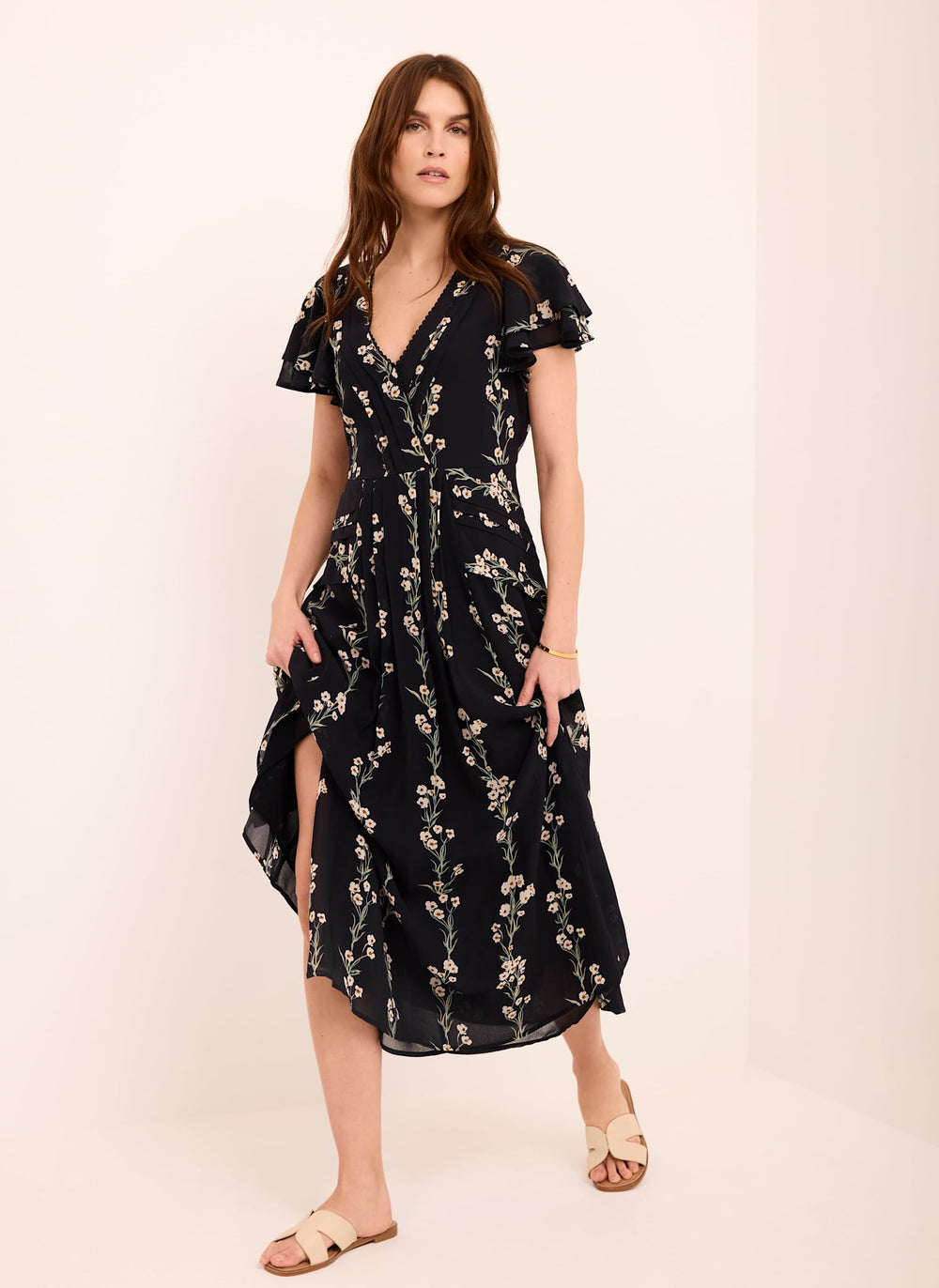 Navy Floral Print Midi Dress