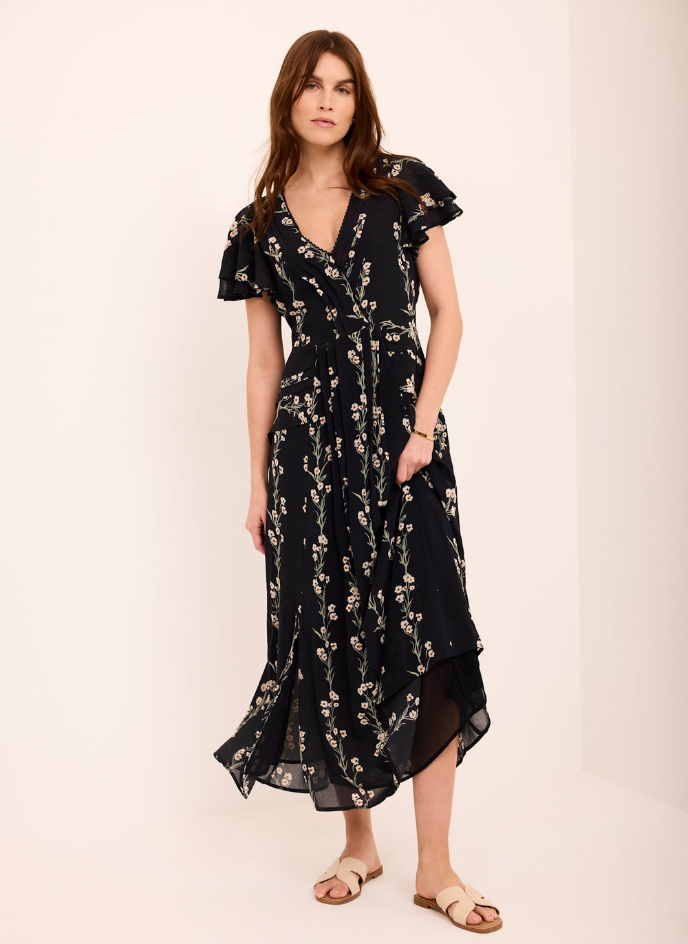 Navy Floral Print Midi Dress
