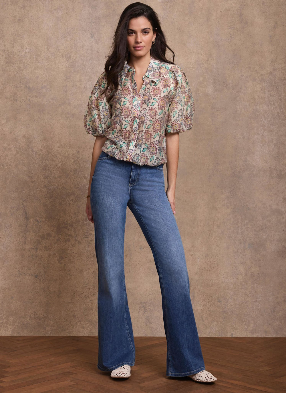 Green Floral Print Puff Sleeve Shirt