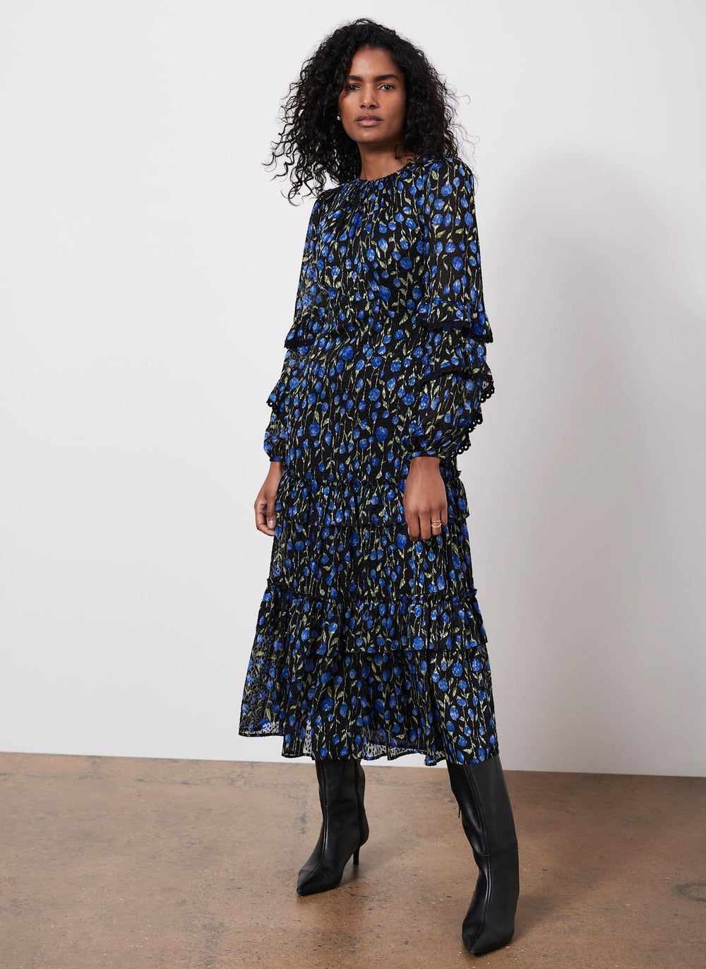 Blue Floral Print Ruched Midi Dress