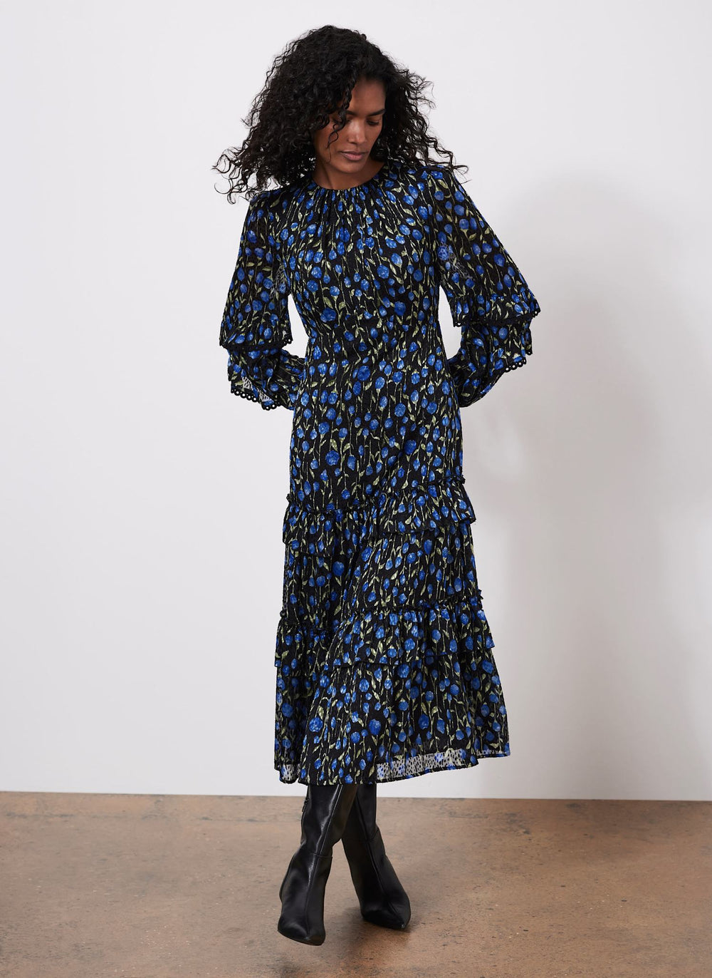 Blue Floral Print Ruched Midi Dress