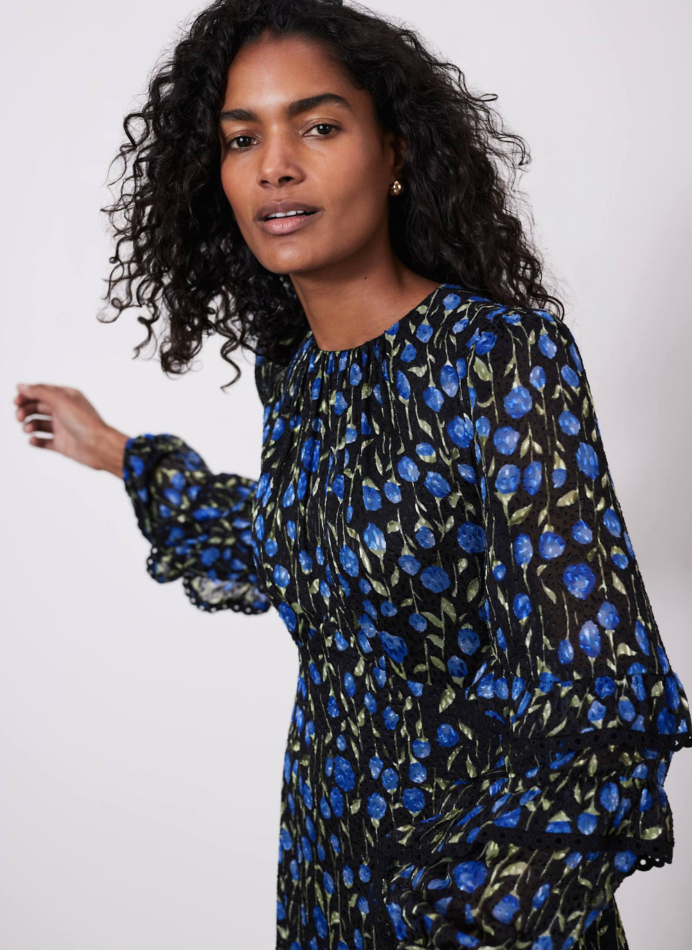 Blue Floral Print Ruched Midi Dress