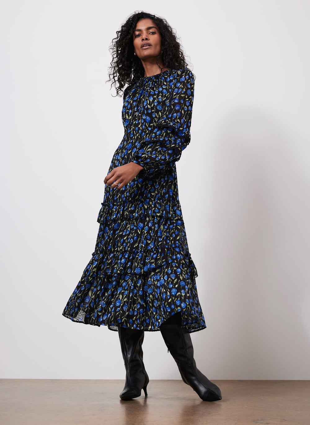 Blue Floral Print Ruched Midi Dress – Mint Velvet