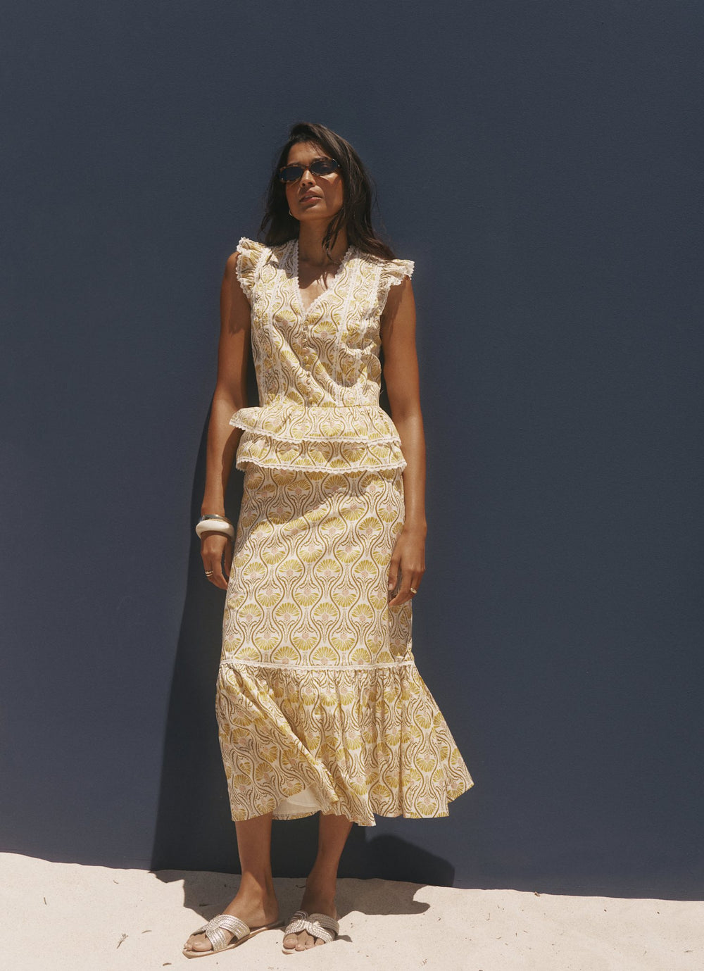 Yellow Cotton Floral Print Midi Skirt