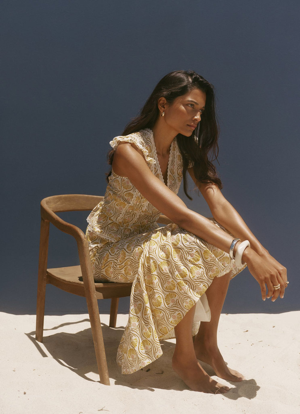 Yellow Cotton Floral Print Midi Skirt
