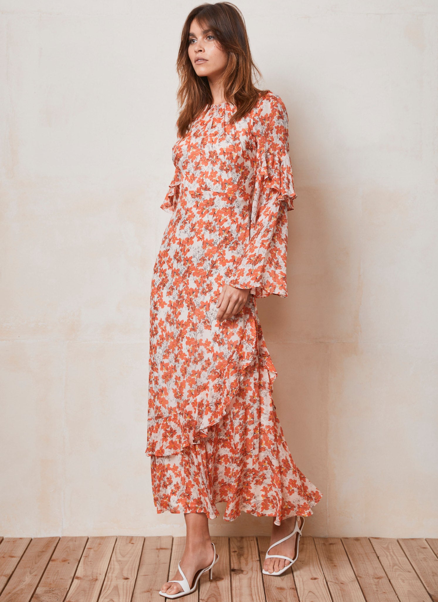 Orange Floral Print Ruffle Maxi Dress – Mint Velvet